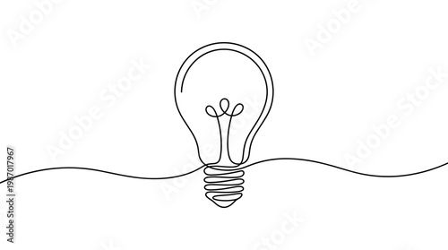 Minimalist single line drawing of a light bulb symbolizing ideas innovation and creativity on a clean white background