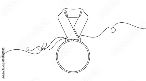Minimalist single line drawing of a medal with ribbon symbolizing achievement success and victory on a clean white background