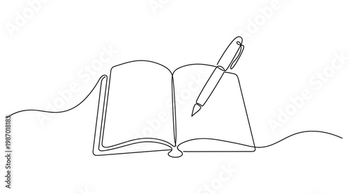 Continuous line drawing of an open book with a pen resting on its pages symbolizing education writing and creativity