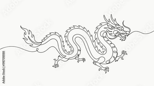 Elegant single line drawing of a traditional Chinese dragon symbolizing power good fortune and strength on a clean white background