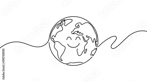 Happy smiling earth globe character drawn with a single continuous line on a white background symbolizing environmental care and global happiness