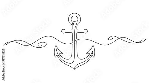 Minimalist single line drawing of a nautical anchor partially submerged in wavy water creating a sense of maritime adventure and seafaring journeys