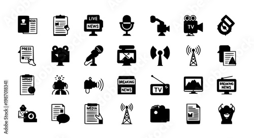Journalism and Mass Media Glyph Icons Set News Live Broadcast Solid Vector UI Pack