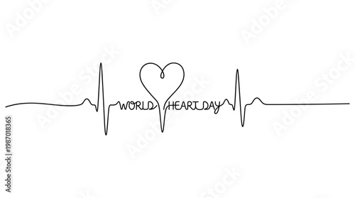 World Heart Day continuous line drawing of a heartbeat cardiogram with a heart symbol celebrating global cardiovascular health awareness
