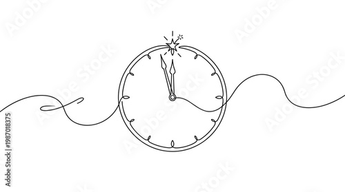 Minimalist continuous line drawing of a clock face showing almost midnight or noon with hands pointing to twelve, symbolizing time passing and New Year's Eve celebrations