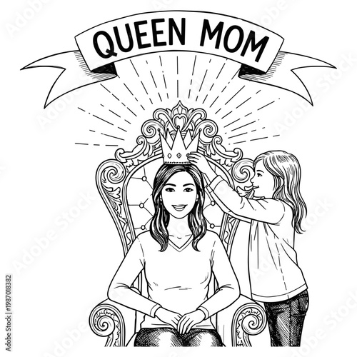 Queen Mom Coloring Page - Daughter Crowning Mother on Throne Chair Black and White Line Art Vector Illustration