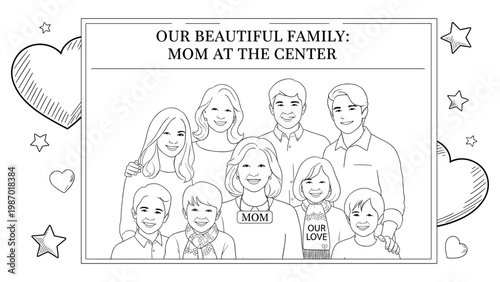 Our Beautiful Family Mom at the Center Coloring Page - Large Family Portrait Group Photo Black and White Line Art Vector Illustration