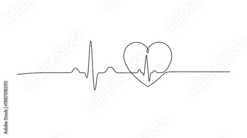 Continuous line drawing of a heart integrated with an electrocardiogram pulse, symbolizing life, health, and medical care, on a clean white background.
