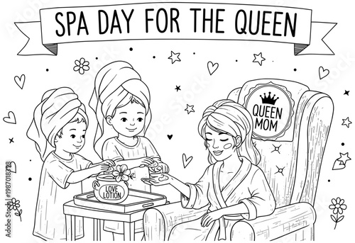 Spa Day for the Queen Mom Coloring Page - Children Giving Mom Manicure Love Lotion Black and White Line Art Vector Illustration