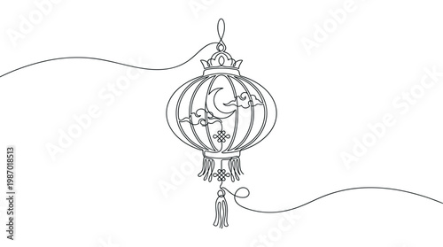Continuous line drawing of a traditional Chinese lantern with moon and clouds motif, symbolizing celebration and cultural heritage, isolated on white background