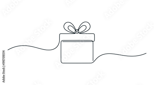 Simple continuous line drawing of a gift box with a bow and flowing ribbon on a white background representing celebration and surprise