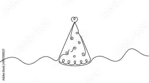 minimalist single line drawing of a festive party hat with playful swirls and dots on a white background symbolizing celebration and fun