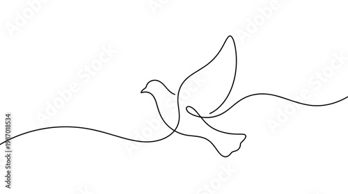 Minimalist single line drawing of a dove in flight symbolizing peace freedom and hope against a clean white background