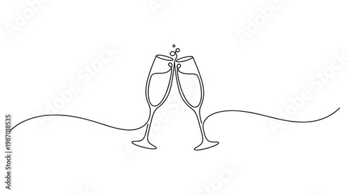 Two champagne glasses clinking together in a toast with bubbles rising, celebrating a special occasion with a minimalist continuous line art style