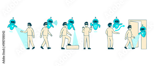 Robot assistant guiding blindfolded person, navigating obstacles, showing direction, and helping visually impaired person explore environment, conceptual illustration of assistive smart technology hel