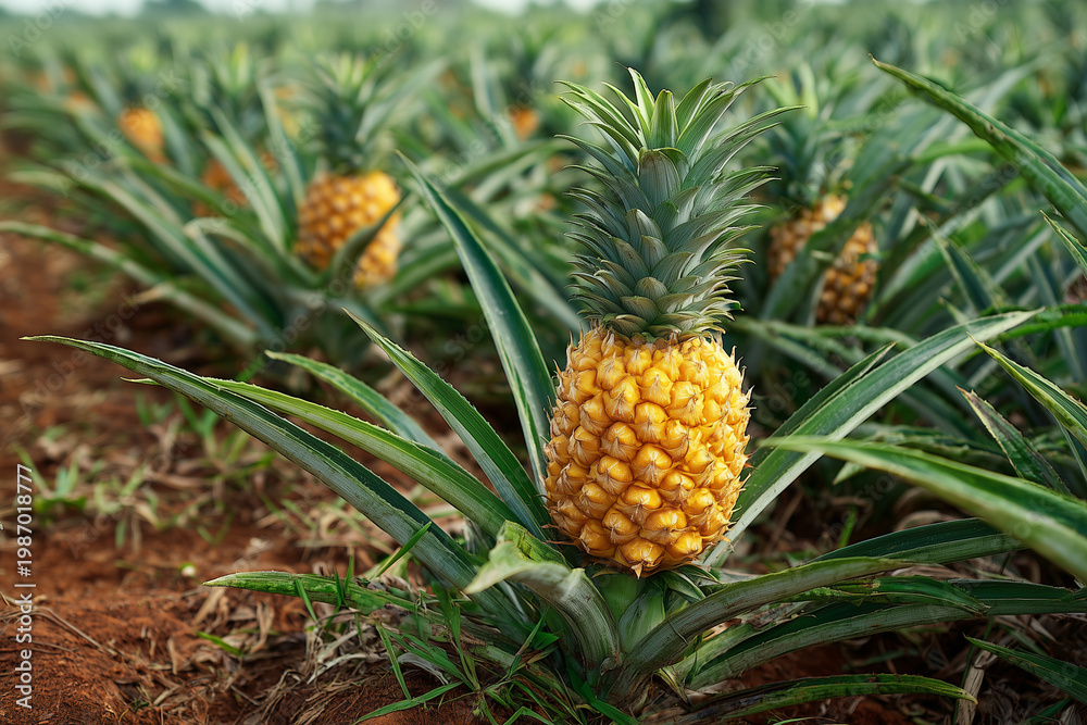 Fototapeta premium Pineapple plant with ripe fruit, tropical pineapple plant with green spiky leaves and golden pineapple growing in the middle
