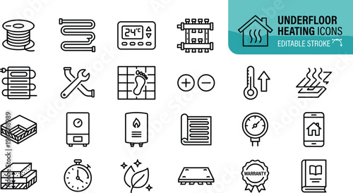 Colorful flat design vector set showcasing underwater heating technologies and marine infrastructure. Ideal for energy sector marketing, environmental education, and engineering presentations.