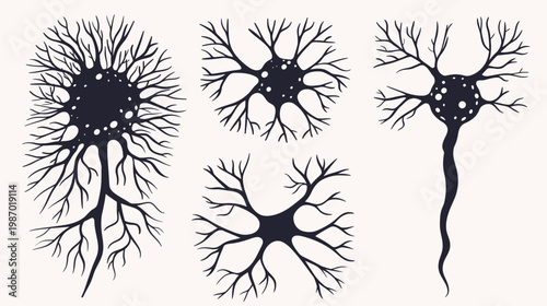 Artistic depiction of neurons, featuring black silhouettes against a cream background