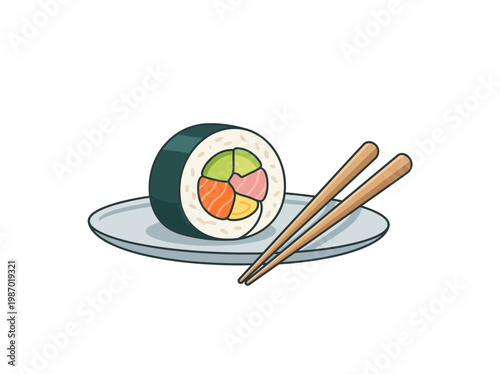 Colorful Sushi Roll with Chopsticks on Plate for Japanese Food and Asian Cuisine Concept