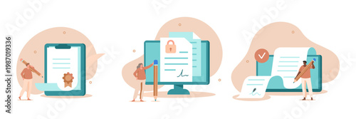 Digital signature and document verification process on various devices with flat design document verification smartphone computer electronic contract agreement security approval technology