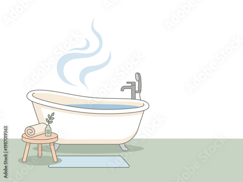 Minimalist Bathroom with Clawfoot Bathtub, Steam and Natural Light for Relaxing Spa and Self Care Concept