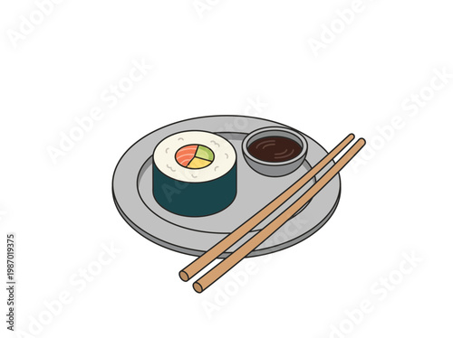 Sushi Roll with Soy Sauce and Chopsticks on Plate in Minimalist Style Japanese Food Concept