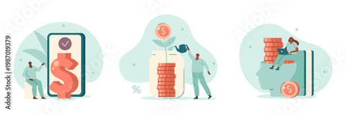 Financial growth and investment concepts illustrated with money symbols and coins flat design watering can investment business illustration financial currency increase development strategy