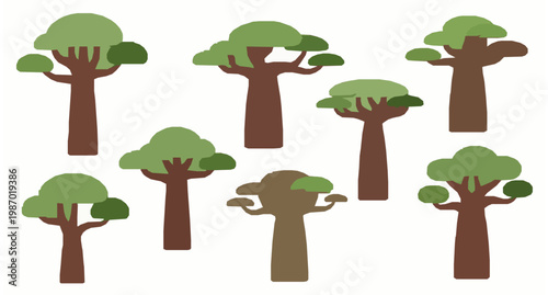 Stylized Madagascar baobab trees in 3D inspired vector for landscape and architecture visualization isolated on white