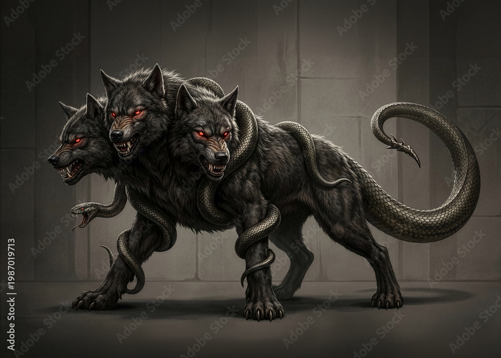 Fototapeta premium Triple-Headed Beast Wrapped in Living Shadows