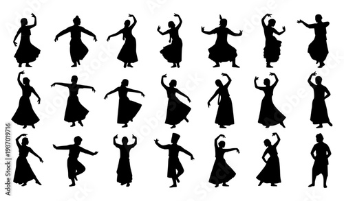 Cultural dance silhouettes vector set traditional dancers black global dance poses collection