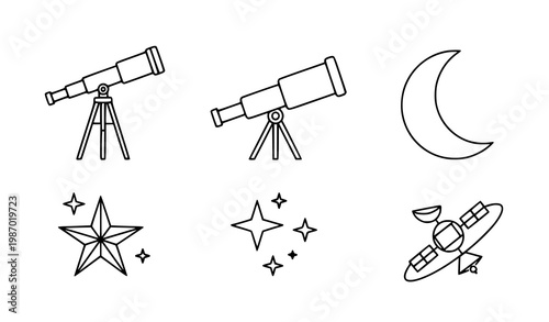 Telescope and astronomy outline vector icon set on white background