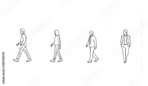 Four people walking alone line art vector icon collection on white