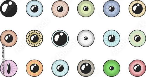 Versatile vector collection of colorful eye pupils in multiple styles designed for easy customization and integration into creative eye designs art