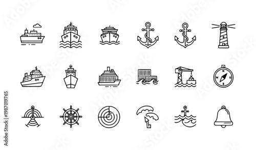 Editable maritime logistics line icon set shipping vessels and nautical symbols on white background