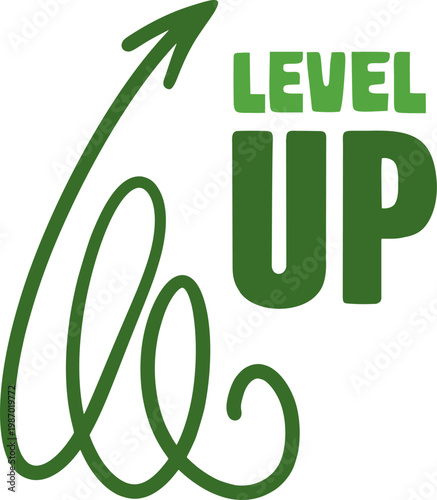A creative vector symbol showing level up text with an upward tilted arrow representing progress.