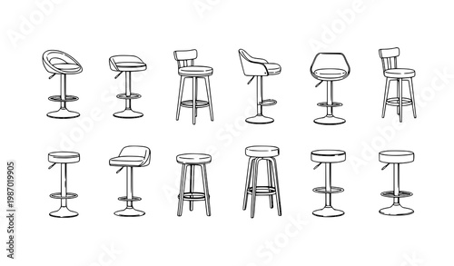 Bar stool line art vector icon set furniture collection on white
