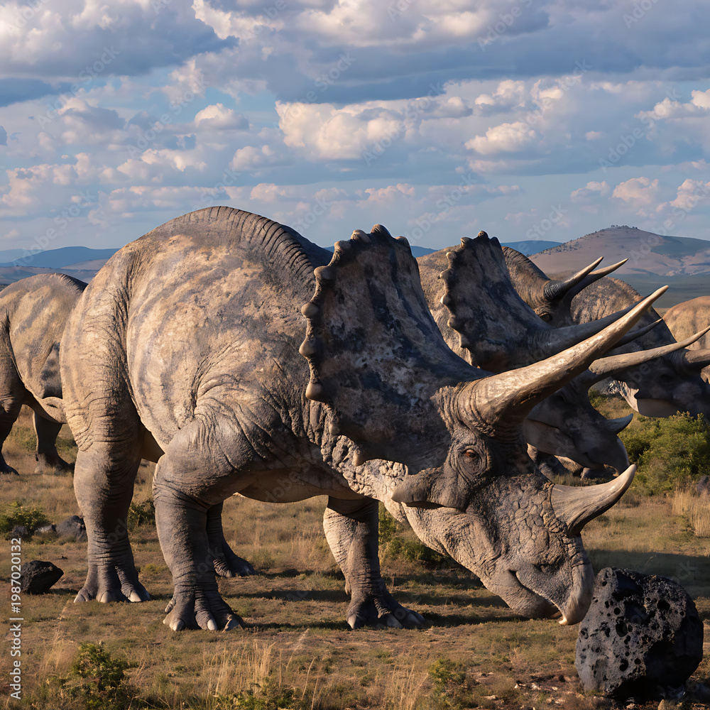 Fototapeta premium Realistic triceratops in an ancient forest during the rain. Prehistoric landscape with dinosaur, ferns