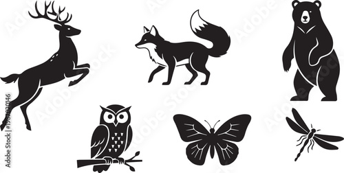 Forest Animals and Insects Silhouette Vector Icon Set