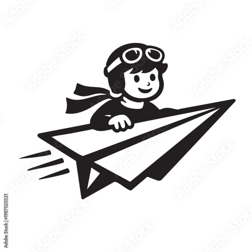 Creative Boy Flying on a Giant Paper Plane Imagination Vector