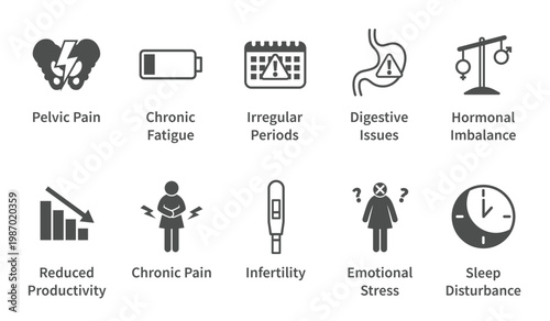 Women health icons set representing common symptoms and medical conditions including pelvic pain fatigue irregular periods digestive issues hormonal imbalance infertility emotional stress reduced prod