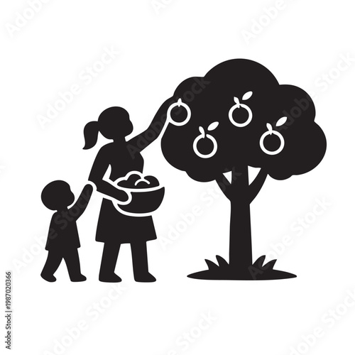 Mother and Daughter Picking Apples from a Tree Vector Illustration