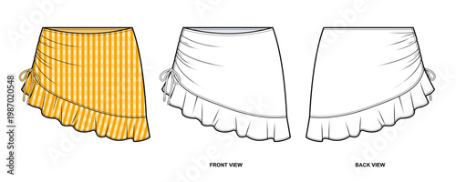 Asymmetric Ruffle Mini Skirt Technical Fashion Illustration. Summer Skirt Vector Template Illustration. Front and Back View. Layered Ruffled Hem. High Waist. Women’s Wear. Yellow Print. CAD Mockup.