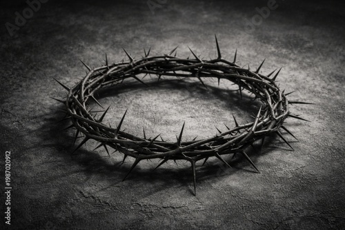 Crown of thorns on gray grunge background, solemn Good Friday concept with dramatic texture, spiritual symbolism and moody minimalist composition

