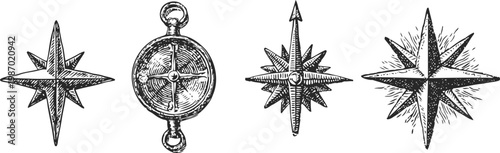 vintage compass and nautical stars set hand drawn black ink maritime navigation symbols