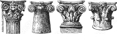 Four classical architectural column capitals, detailed vintage engravings art set