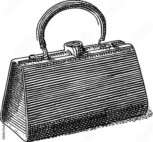 Vintage handbag sketch with textured stripes and rounded handle in black and white illustration