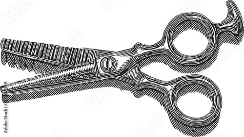 Thinning scissors for hair cutting vintage engraving illustration with dual finger holes and serrated blades