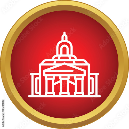 Capitol building outline icon on a red and gold button representing government