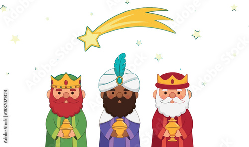 Three Wise Men Cartoon Character Set with Star of Bethlehem for Christmas, Epiphany, and Nativity Scene Holiday Designs
