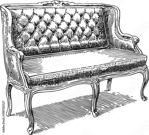 Vintage tufted sofa with ornate wooden frame and carved legs, classic antique furniture illustration